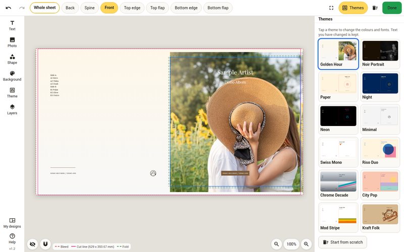 Print Studio on a laptop: the 12 inch jacket laid flat with the Themes pane open, twelve theme tiles down the right