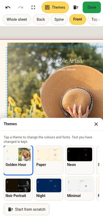 Print Studio on a phone: the same design with the theme tiles in two scrolling rows
